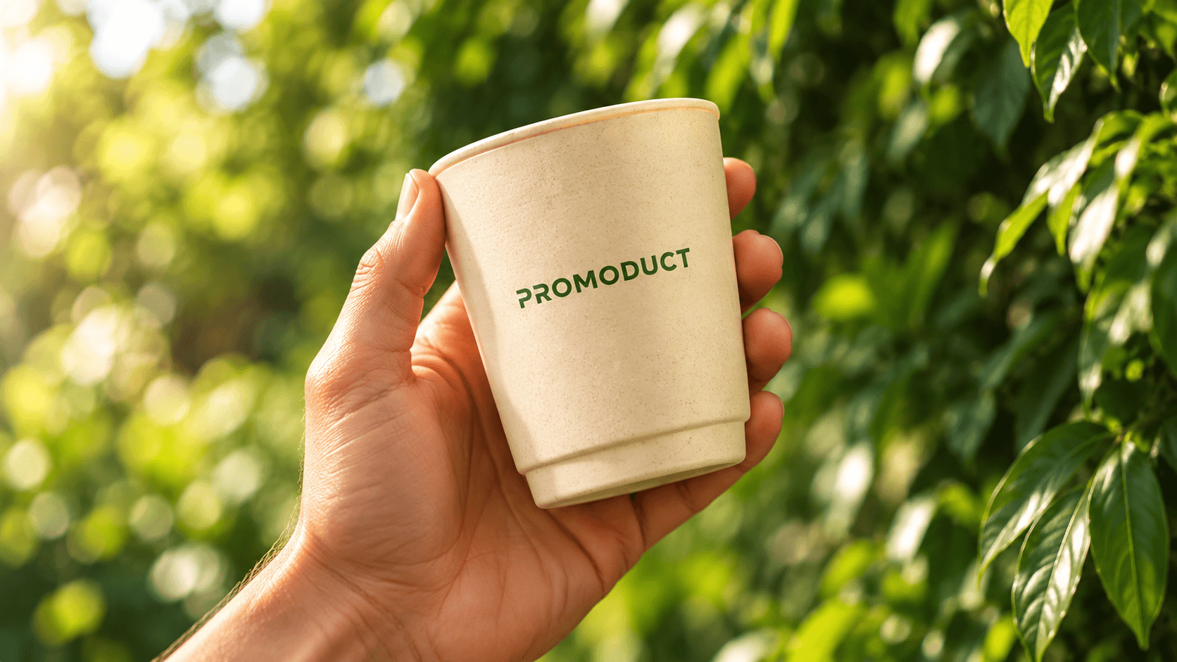 Een hand houdt een herbruikbare Promoduct beker voor groene bladeren