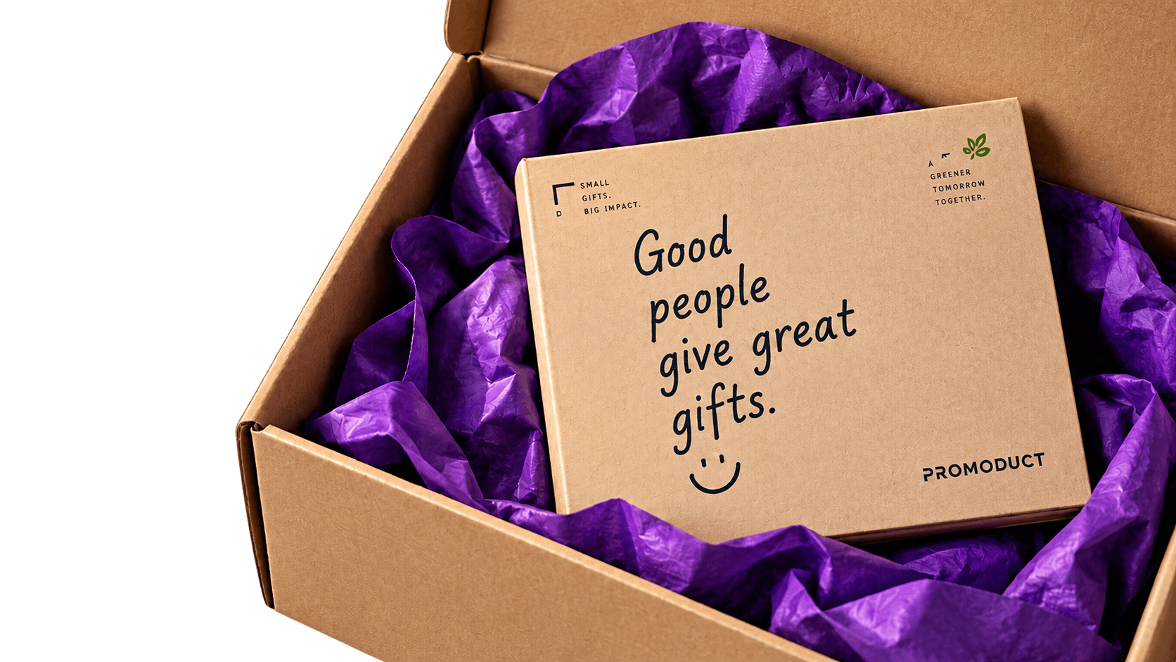 Een geschenkdoos met paars zijdepapier en de tekst Good people give great gifts