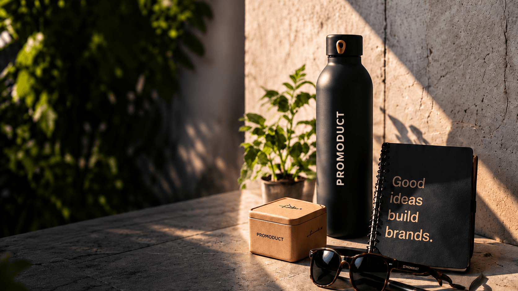 Zwarte Promoduct waterfles, notitieboek, zonnebril en geschenkblik in warm zonlicht